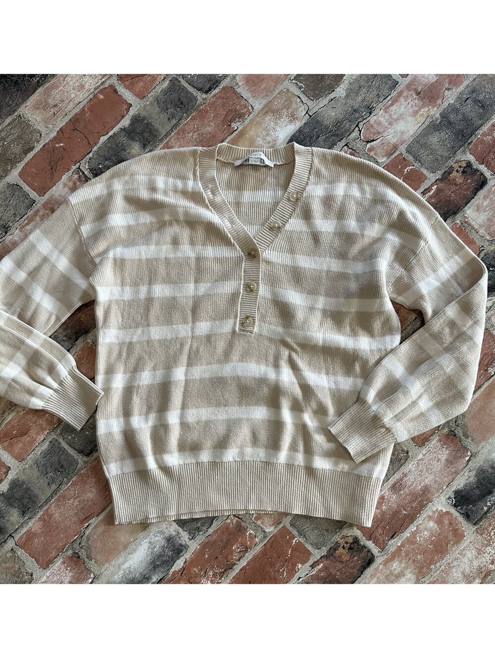 Y2K LOFT Henley Sweater Small Beige Ivory Stripe Coastal Cotton Pullover NWOT